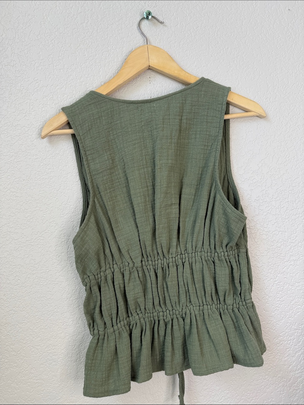 Aerie Sleeveless Drawstring Tank Top Gauze Cotton Cottagecore Olive Green Medium - Picture 5 of 10